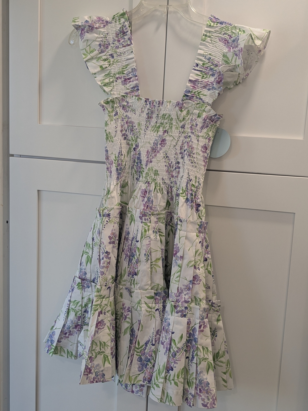 Hill House White Floral Smocked Ruffle Mini Dress in Lavender and Green - Picture 9 of 9